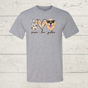 Peace Love Golden Retriever Gray Sublimated Tee Large
